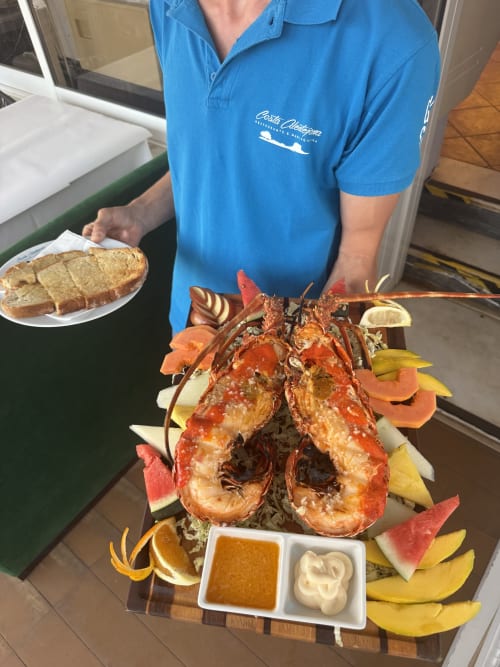 Staff at Costa Alentejana displaying fresh grilled lobster with bread and garnish at Zambujeira do Mar
