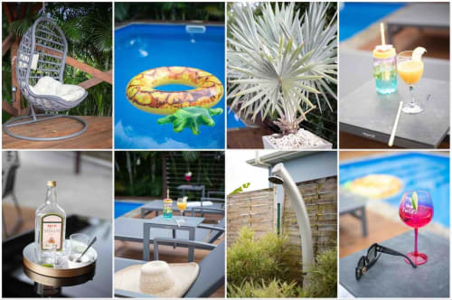 Paradise villa amenities: pool float, tropical plants, cocktails, outdoor shower, and relaxation area in Fort-de-France