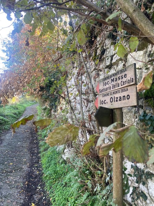 Wanderwegschild bei der Verdolivo B&B in der Nähe von Sale Marasino, Italien, das auf die Wanderwege Masse und Olzano durch Waldgebiet hinweist