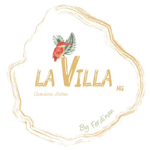 Logo de La Villa MG avec perroquet rouge et palmiers tropicaux, Chambres d'hôtes en Marie-Galante