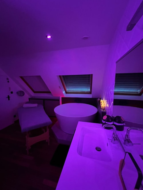 Purple-lit romantic bathroom with round bathtub, sink, and skylight in Le Lien apartment, Vannes