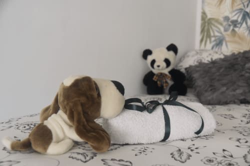 Decorative stuffed animals on bed in Benavente tourist apartment, featuring panda and dog plushies