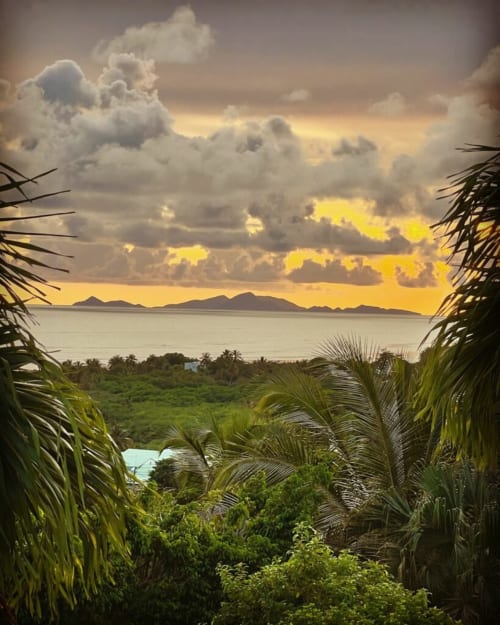 Vue tropicale du coucher de soleil depuis Chez Marie et Philippe à Marie-Galante avec palmiers, végétation luxuriante et îles lointaines