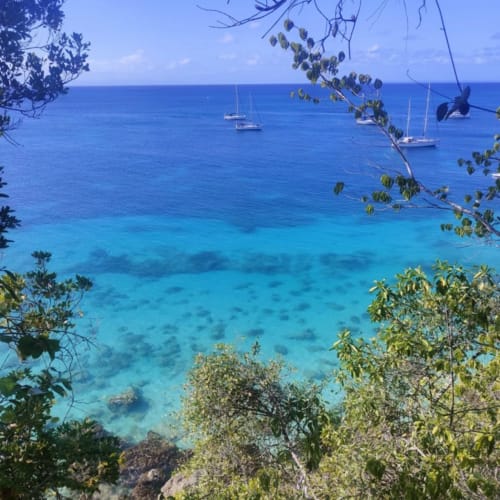 Eaux turquoise tropicales avec voiliers et végétation luxuriante chez Marie et Philippe, Marie-Galante