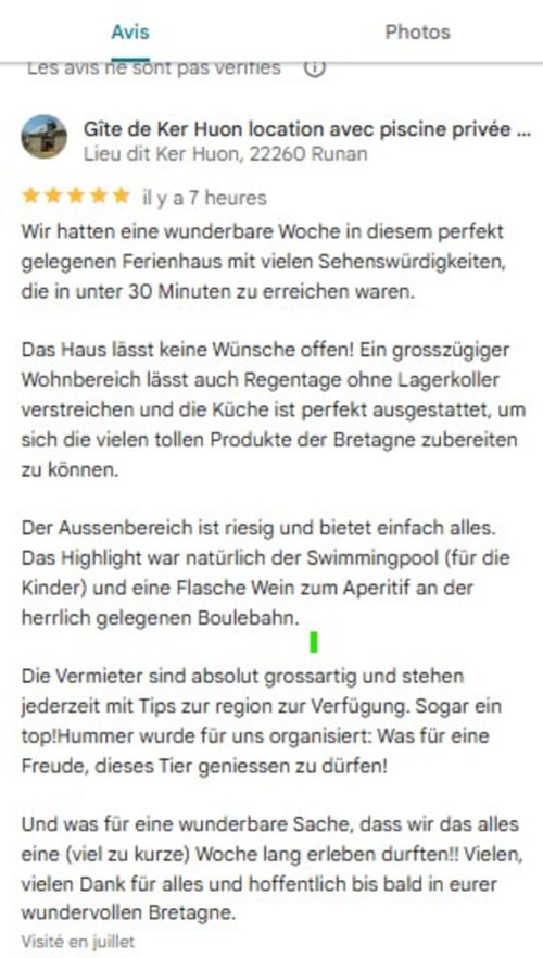 Les clients allemands expriment leur satisfaction après leur séjour dans le gîte de Ker Huon avec la piscine