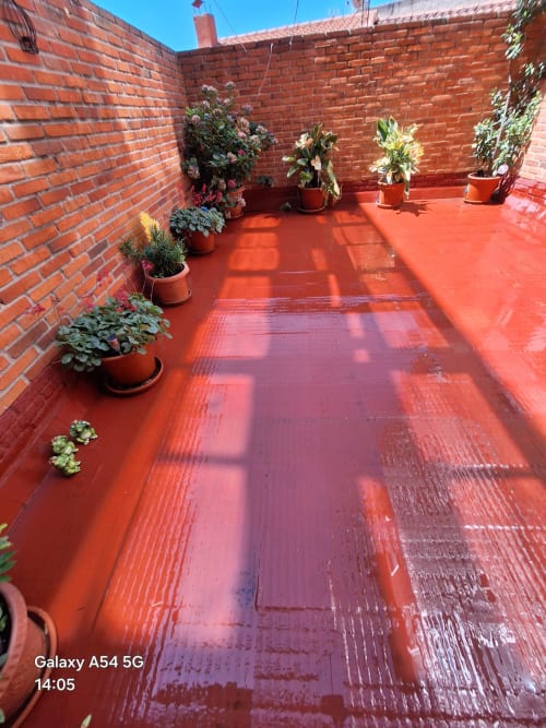 Sunny rooftop terrace with potted flowers and red brick walls in Benavente tourist apartment