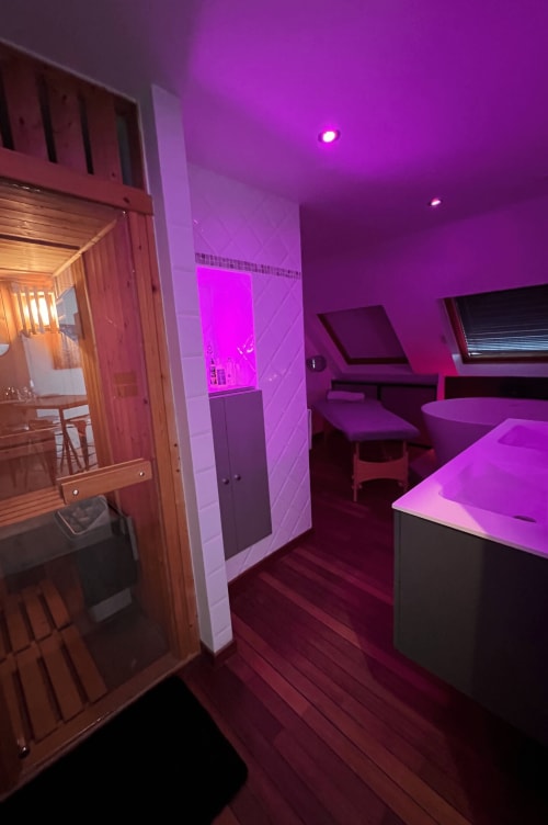 Love Room - Le Lien 56 in Vannes features a modern suite with ambient magenta lighting, sauna, and contemporary furnishings.