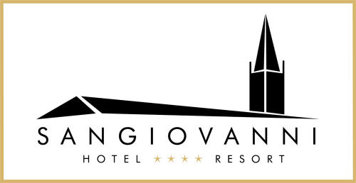 Hotel San Giovanni Resort logo featuring modern architecture silhouette, Saluzzo Italy 4-star hotel