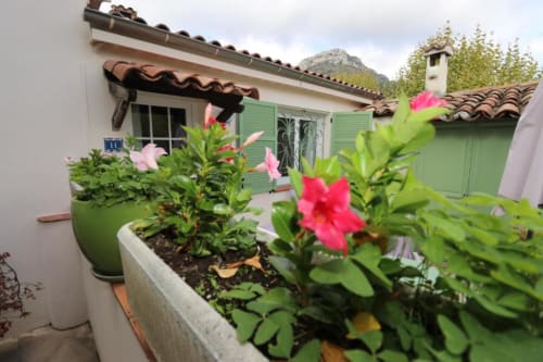 Jardinière de terrasse aux fleurs rose vif à l'Hôtel Villa Roseraie Vence, vue montagne en arrière-plan
