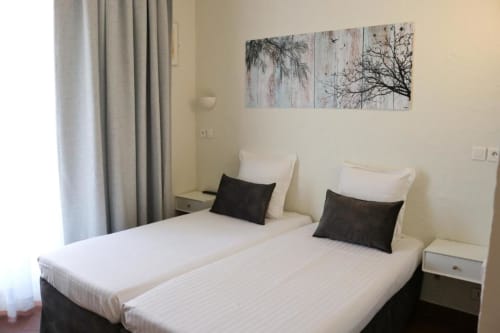 Chambre twin de l'Hôtel Villa Roseraie à Vence avec lits blancs, oreillers noirs et vue sur un tableau de jardin sur murs pâles