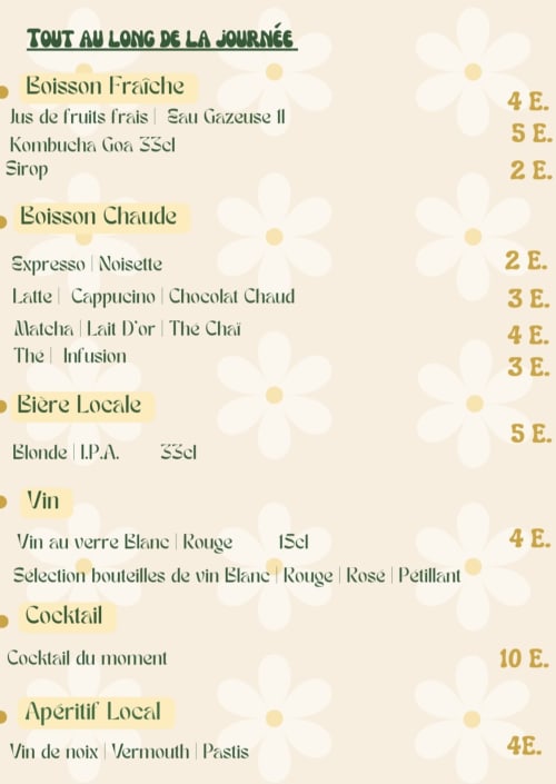 Carte des boissons Maisonaurinko : boissons fraîches, cafés chauds, bières locales, vins et cocktails à Thénon, France