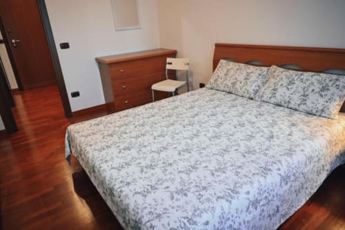Ampio appartamento con camera da letto deluxe a Roma, letto matrimoniale, cassettone in legno, scrivania, pavimenti in parquet e comfort moderni