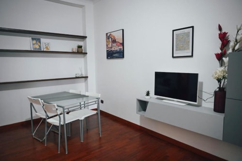 Spazioso appartamento romano con zona di lavoro, tavolo da pranzo, TV, scaffali, pavimenti in legno e vista sulla città