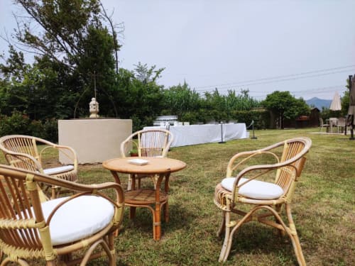 Sillas de mimbre con cojines alrededor de mesa pequeña en jardín de Il Casale di David B&B, Pontedera Italia