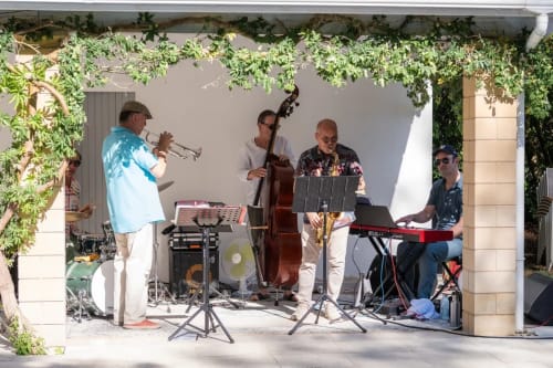 Jazzband tritt unter einer weinrebenbedeckten Pergola in der Domaine de Bize Mirepoix, Ariège auf