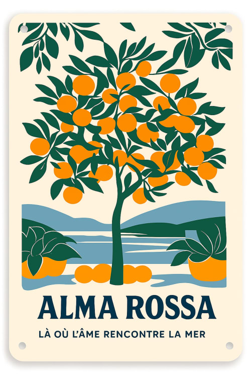Affiche Alma Rossa Lecci : Oranger en bord de mer avec paysage de la Côte d'Azur