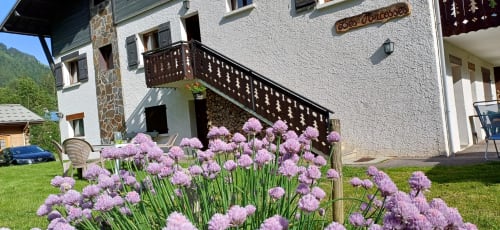 Chalet Les Arcosses à La Giettaz avec alliums violets fleurissant dans le jardin d'entrée