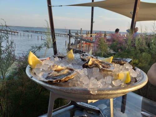 Huîtres fraîches sur glaçons avec citron à Chez Laure & Marc, au bord de l'eau à Plaissan