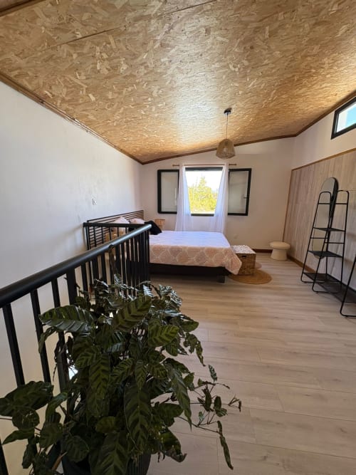 Chambre lumineuse à Au pied des Sources avec plafond OSB, lit queen-size, vue sur les montagnes par portes vitrées, et plante en pot