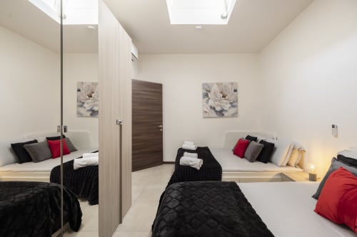 Moderna spavaća soba u apartmanu Raymihome Turin s kreveteima za dvije osobe, crvenim akcentima, zrcalnom omarom, krovnim prozorom i cvjetnom zidnom umjetnošću