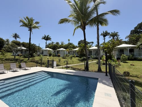 Piscine du Domaine de la Glacière à Petit-Bourg avec palmiers et bungalows pour hôtes
