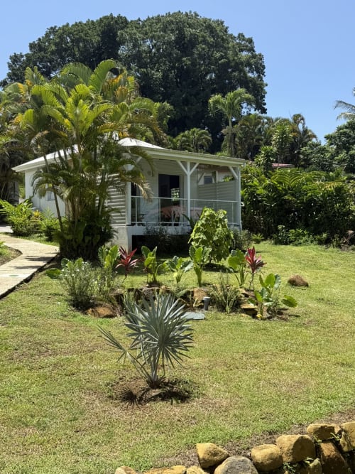 Bungalow blanc avec palmiers et jardin tropical à Domaine de la Glacière, Petit-Bourg, Guadeloupe