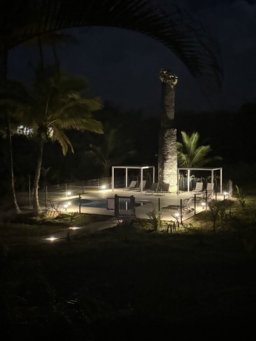 Zone de piscine nocturne du Domaine de la Glacière avec terrasse illuminée, palmiers et coin détente couvert à Petit-Bourg