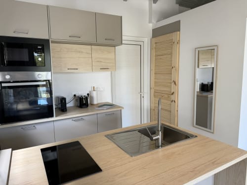 Cuisine moderne de l'hôtel Domaine de la Glacière à Petit Bourg avec plan de travail en bois, évier inoxydable et électroménagers intégrés