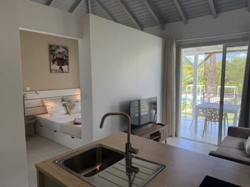 Studio moderne à Domaine de la Glacière avec kitchenette, alcôve chambre, TV et balcon dominant les jardins tropicaux