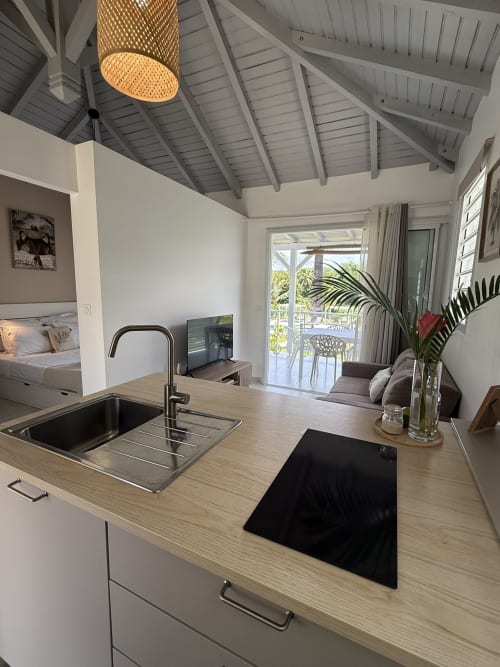 Kitchenette moderne avec plan de travail en bois, évier et plaque de cuisson à induction donnant sur la terrasse du Domaine de la Glacière