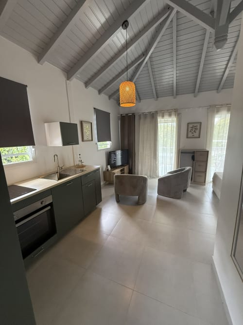 Modern open-plan studio at Domaine de la Glacière with kitchen, seating area, and vaulted ceiling in Petit Bourg