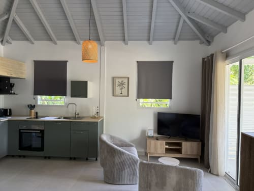 Modern open-plan kitchen and living area at Domaine de la Glacière in Petit Bourg with green cabinetry, exposed ceiling