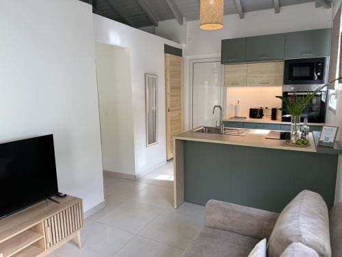 Cuisine ouverte moderne et séjour lumineux à la Domaine de la Glacière, Petit Bourg, avec mobilier vert et lumière naturelle