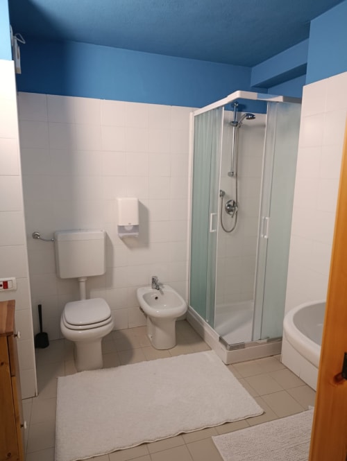 Bagno moderno presso il B&B La Tour a Oyace con toilette, bidet, cabina doccia e rivestimenti bianchi
