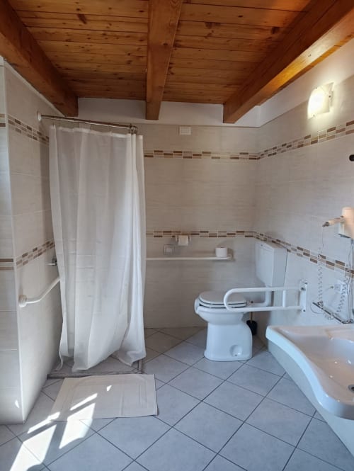 Bagno spazioso nella camera Frederick di La Tour B&B, Oyace, con pavimenti piastrellati, doccia con tenda, toilette, lavabo e
