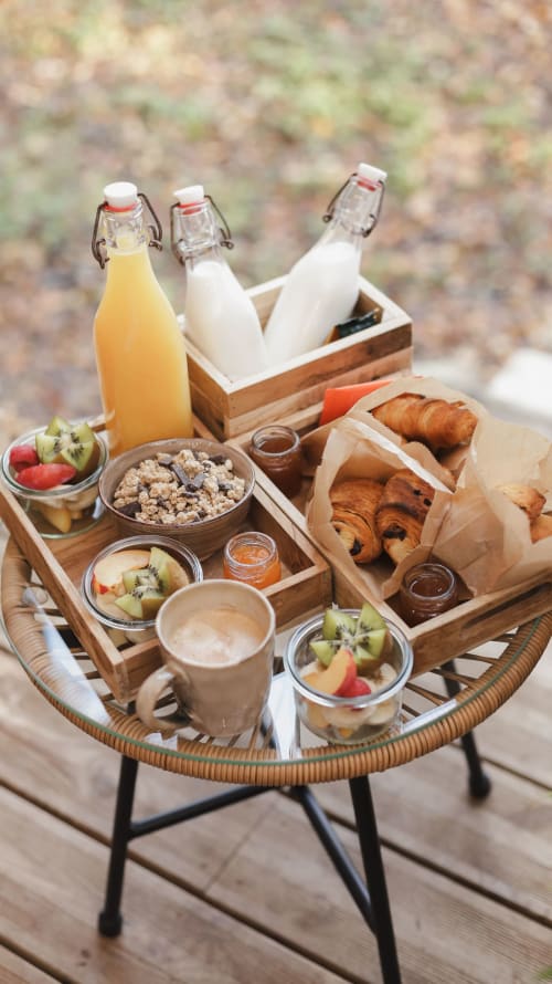 Breakfast in private-spa lodge with juice, pastries and yogurt