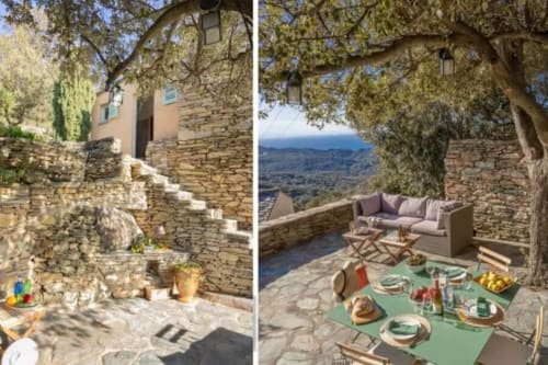 Terrasses de la Villa Cathy, architecture en pierre, salle à manger en plein air, vues sur la mer et oliviers à Centuri, Corse