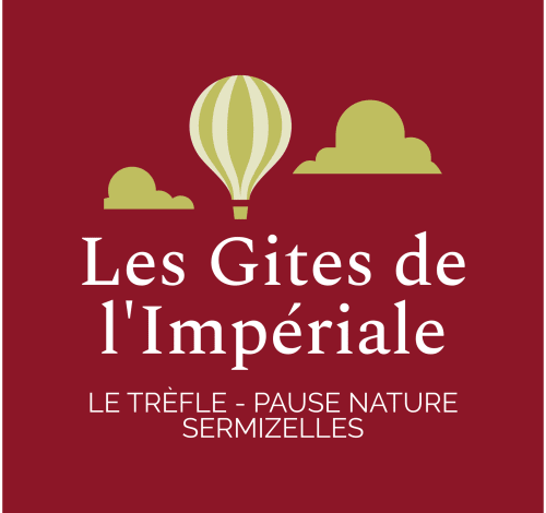 Les Gîtes de l'Impériale logo with hot air balloon and clouds on burgundy background, Sermizelles