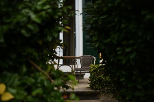 Lush garden pathway leading to cozy wicker seating area at Villa Várzea guesthouse in Várzea, Portugal