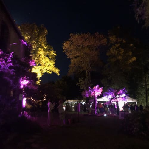 Fiesta vespertina en los jardines de Domaine de l'Ocrerie en Pourrain, Francia con iluminación púrpura y dorada en árboles e invitados