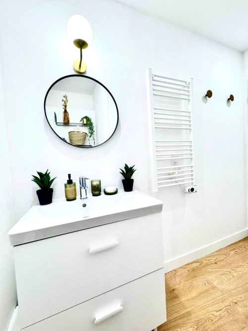 Modern bathroom sink with vanity, round mirror, white cabinetry, potted plants, and towel rack at Wellkhome Bordeaux
