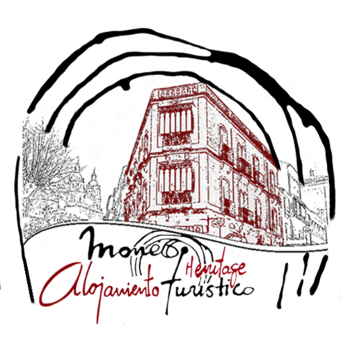 Logo del hotel MoneoHeritage con edificio histórico de Salamanca y diseño de arco