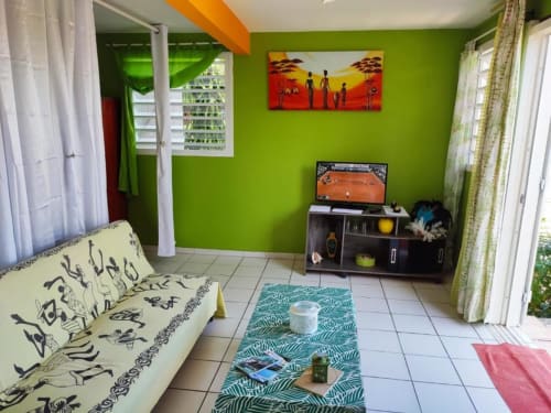 Studio lumineux aux murs vert vif, canapé crème, TV, kitchenette et décor tropical du Gîte Tainaco Marigot