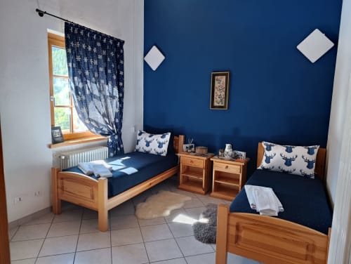 Camera Valeria a La Tour B&B a Oyace con letti gemelli, pareti blu, mobili in legno e luce naturale