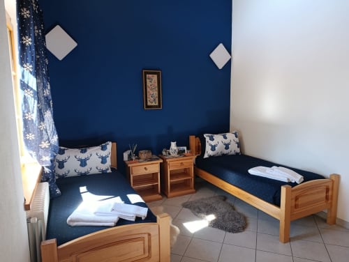 Camera Valeria del B&B La Tour a Oyace con due letti in legno, pareti blu scuro e decorazioni alpine