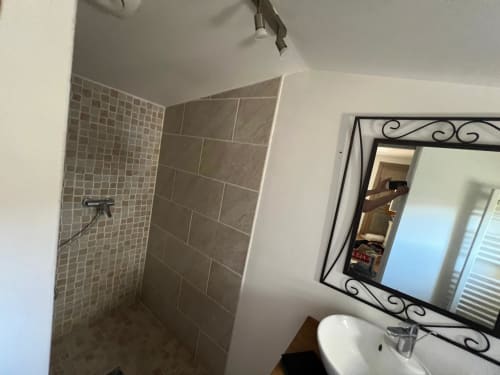 Modern bathroom with walk-in shower, mosaic tiles, and decorative mirror at La Conciergerie De Franck cottage in Boissieres