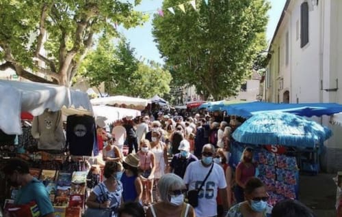 Outdoor street market in Boissières, France with crowds, vendors, umbrellas, and trees