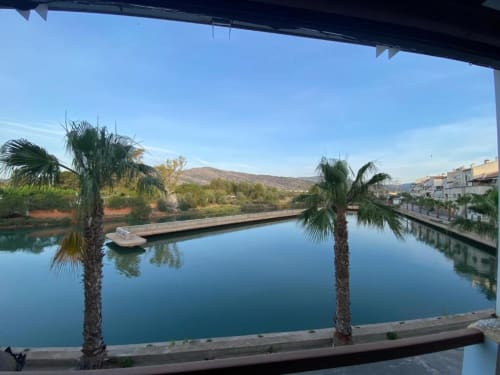 Vista del lago desde el balcón del Apartamento Regata en Benicàssim con palmeras y montañas