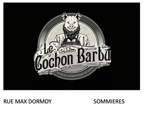 Cochon Barbu vintage logo for Boisieres French food product with bearded pig character