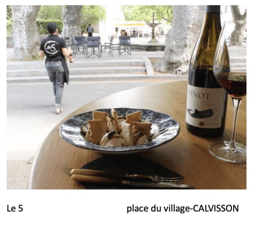 Pinot wine and appetizers at outdoor café, Place du Village, Calvisson near La Conciergerie De Franck
